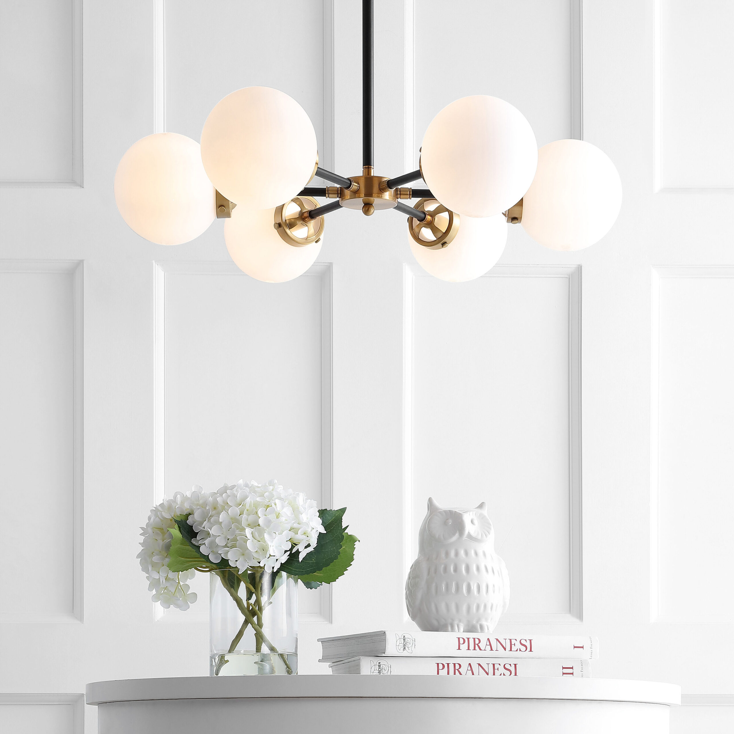 JONATHAN Y 28" Caleb Transitional 6 -Light Brass gold/black Modern/contemporary Frosted glass Globe Large Hanging Pendant Light JONATHAN Y 28" Caleb Transitional 6 -Light Brass gold/black Modern/contemporary Frosted glass Globe Large Hanging Pendant Light