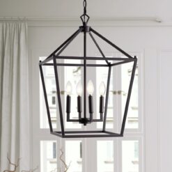 JONATHAN Y Pagoda 16" Metal Classic Traditional 4 -Light Dark Brown Farmhouse Cage Lantern Medium Hanging Kitchen Island Light