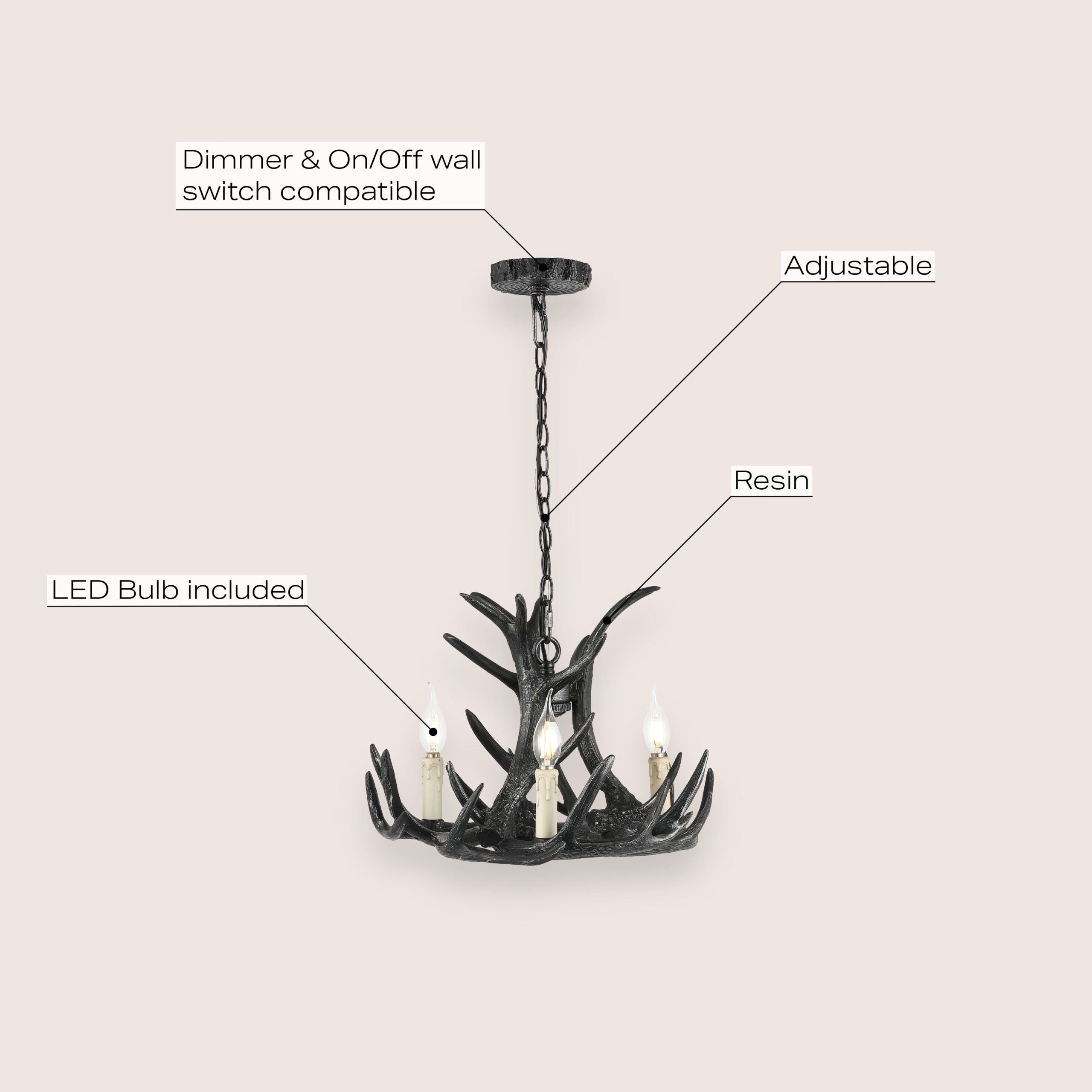 JONATHAN Y Nelle 18" Resin Adjustable Antler 3 -Light Black Antler Resin Chandelier JONATHAN Y Nelle 18" Resin Adjustable Antler 3 -Light Black Antler Resin Chandelier