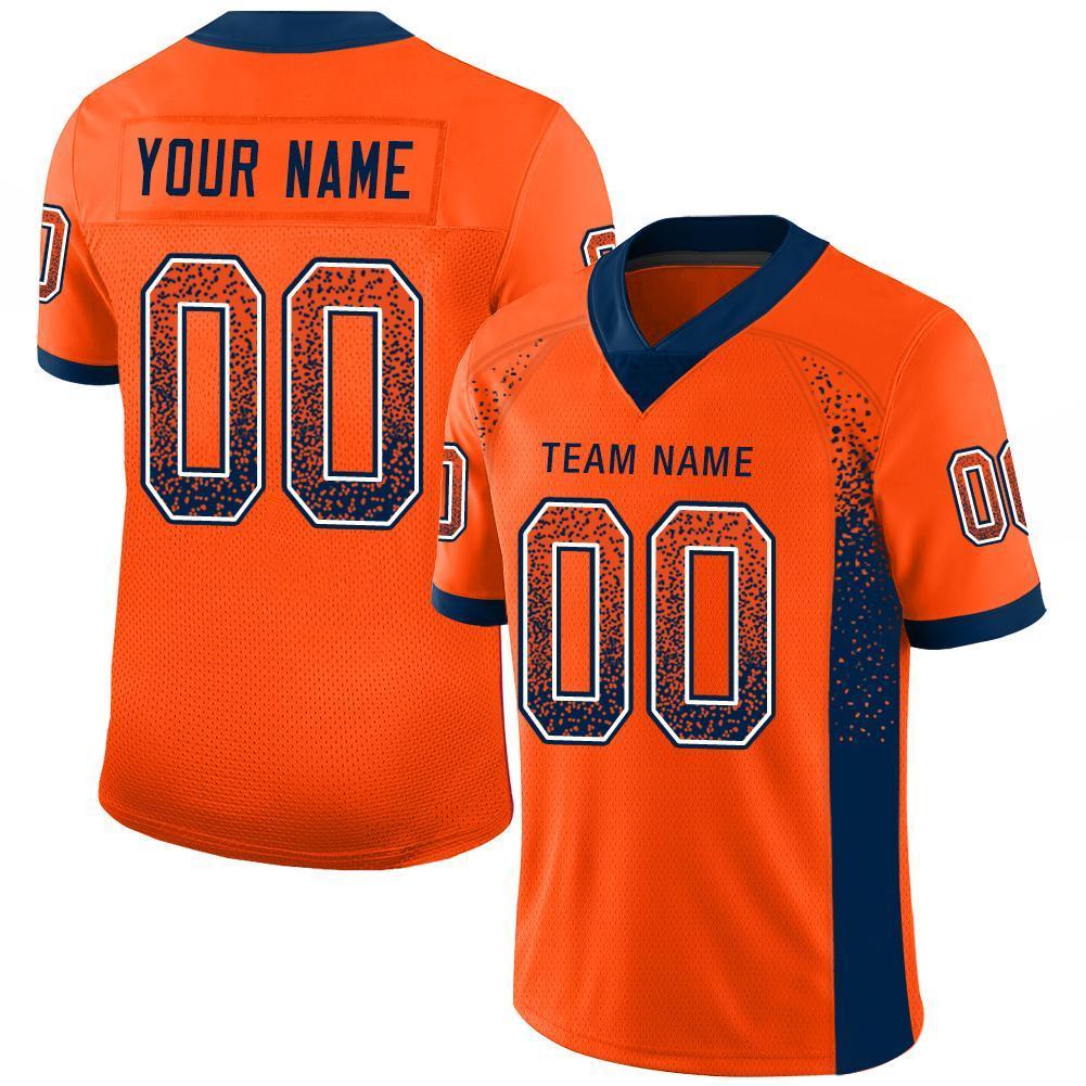 Custom Orange Navy-White Drift Hybrid Mesh Football Jersey With Name Patch Custom Orange Navy-White Drift Hybrid Mesh Football Jersey With Name Patch