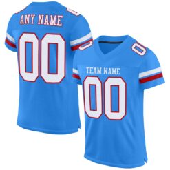 Custom Powder Blue White-Red Classic Style Hybrid Mesh Football Jersey With Name Patch