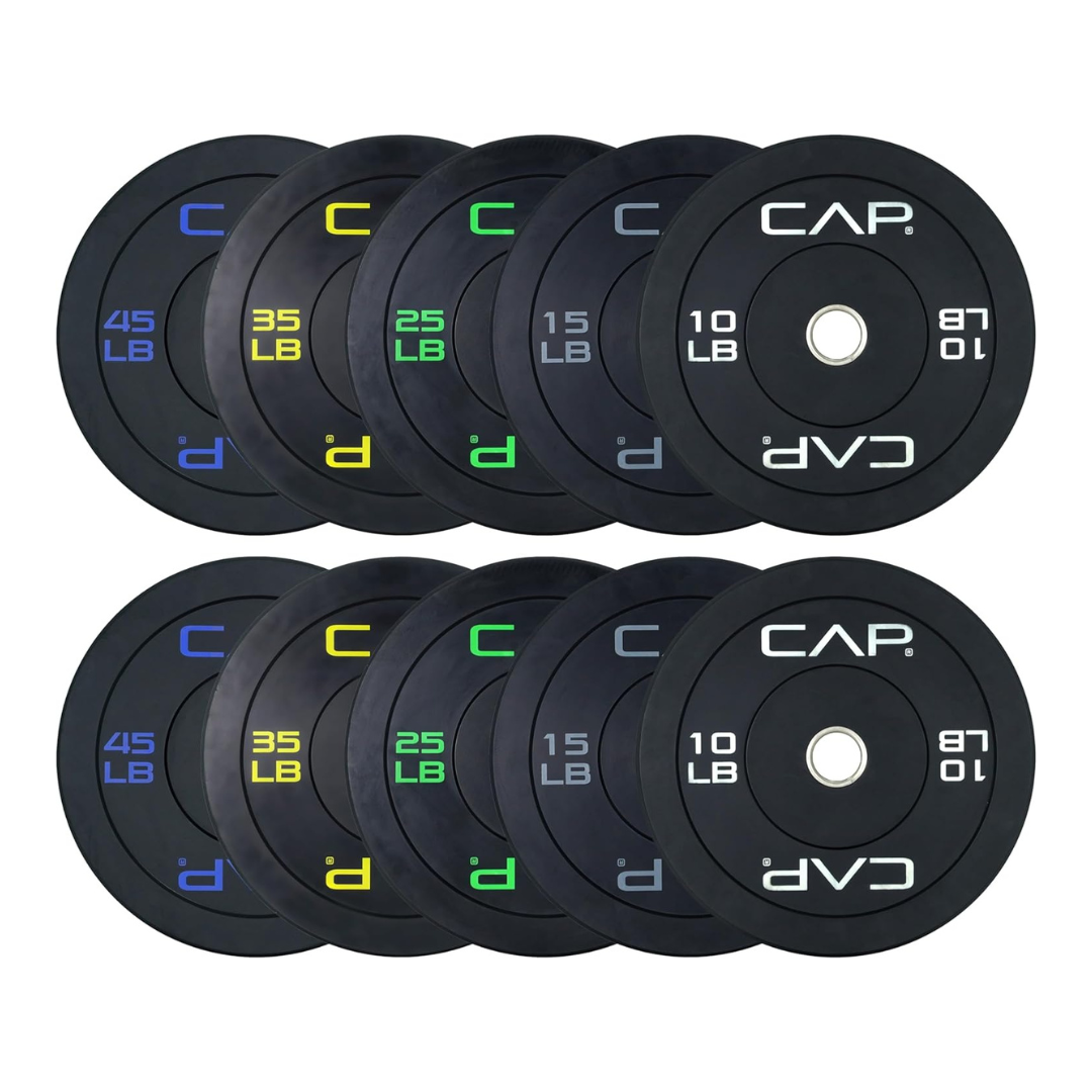 CAP 2-inch Olympic Bumper Plate Weight Set | 260 lbs | Multiple Colors | Storage Rack Optional CAP 2-inch Olympic Bumper Plate Weight Set | 260 lbs | Multiple Colors | Storage Rack Optional
