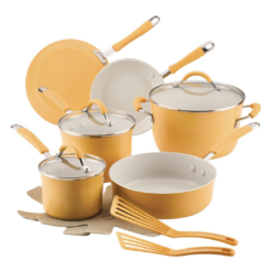 Rachael Ray Cucina Ceramic Cookware Set - 13 Pieces - Ceramic Pots and Pans Set w/Nonstick Frying Pans, Saute Pan, Saucepans, Stockpot, Lids, Pan Protectors & Cooking Utensils - Turmeric