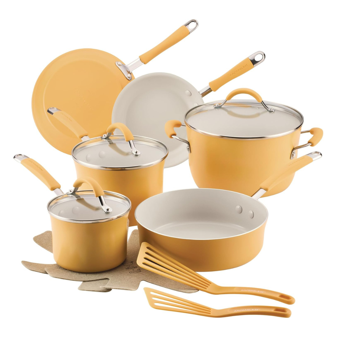 Rachael Ray Cucina Ceramic Cookware Set - 13 Pieces - Ceramic Pots and Pans Set w/Nonstick Frying Pans, Saute Pan, Saucepans, Stockpot, Lids, Pan Protectors & Cooking Utensils - Turmeric Rachael Ray Cucina Ceramic Cookware Set - 13 Pieces - Ceramic Pots and Pans Set w/Nonstick Frying Pans, Saute Pan, Saucepans, Stockpot, Lids, Pan Protectors & Cooking Utensils - Turmeric