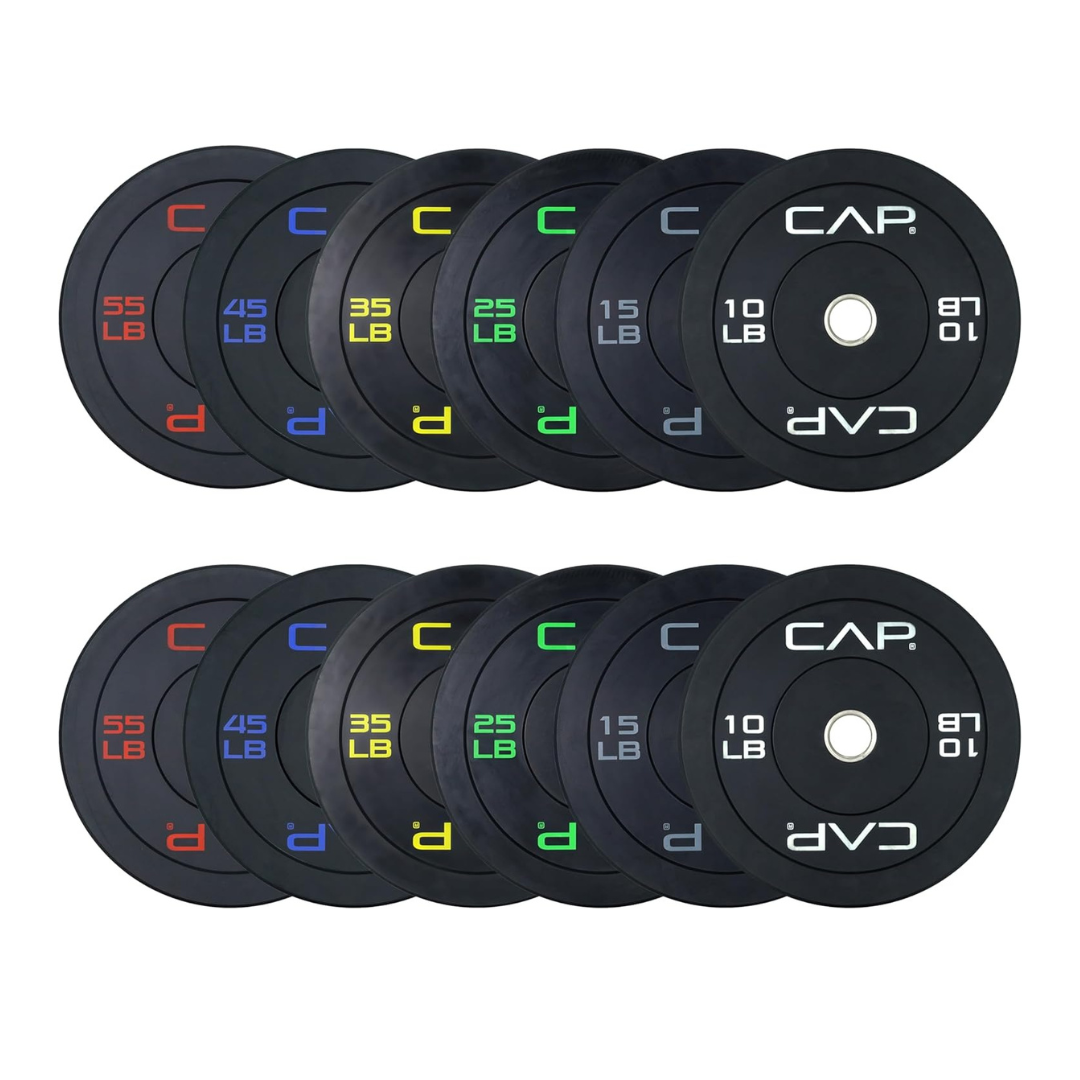 CAP 2-inch Olympic Bumper Plate Weight Set | 370 lbs | Multiple Colors | Storage Rack Optional CAP 2-inch Olympic Bumper Plate Weight Set | 370 lbs | Multiple Colors | Storage Rack Optional