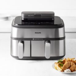 Philips Steam Airfryer 5000 Series Dual Basket - Airfryer & Steamer, 9 Litre, RapidAir Plus, 19 Cooking Functions, 90% Less Fat, 2 Baskets, Steam Cleaning, Silver (NA555/00)