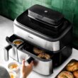 Philips Steam Airfryer 5000 Series Dual Basket - Airfryer & Steamer, 9 Litre, RapidAir Plus, 19 Cooking Functions, 90% Less Fat, 2 Baskets, Steam Cleaning, Silver (NA555/00)