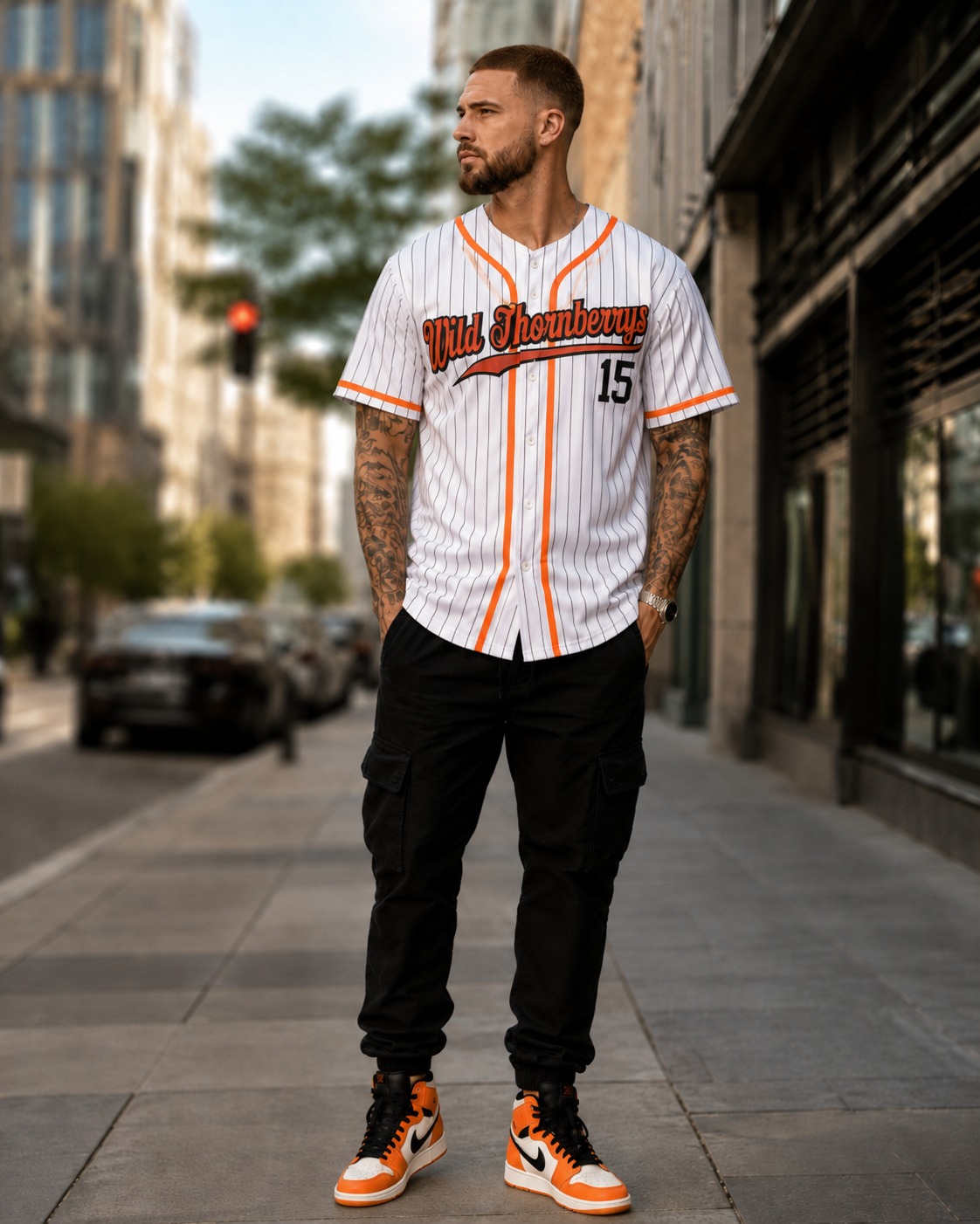Custom Cream Black Pinstripe Orange-Black Baseball Jersey Custom Cream Black Pinstripe Orange-Black Baseball Jersey - Image 5