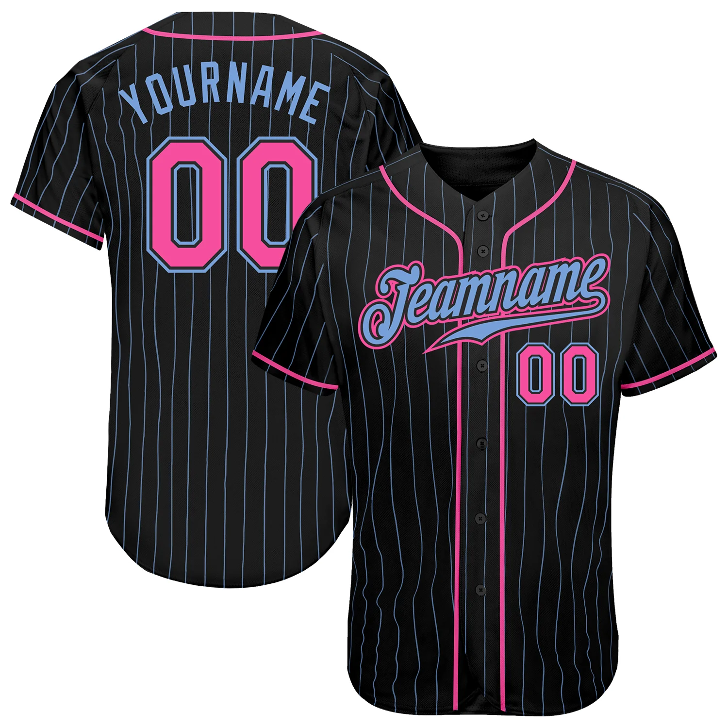 Custom Black Light Blue Pinstripe Pink-Light Blue Baseball Jersey Custom Black Light Blue Pinstripe Pink-Light Blue Baseball Jersey