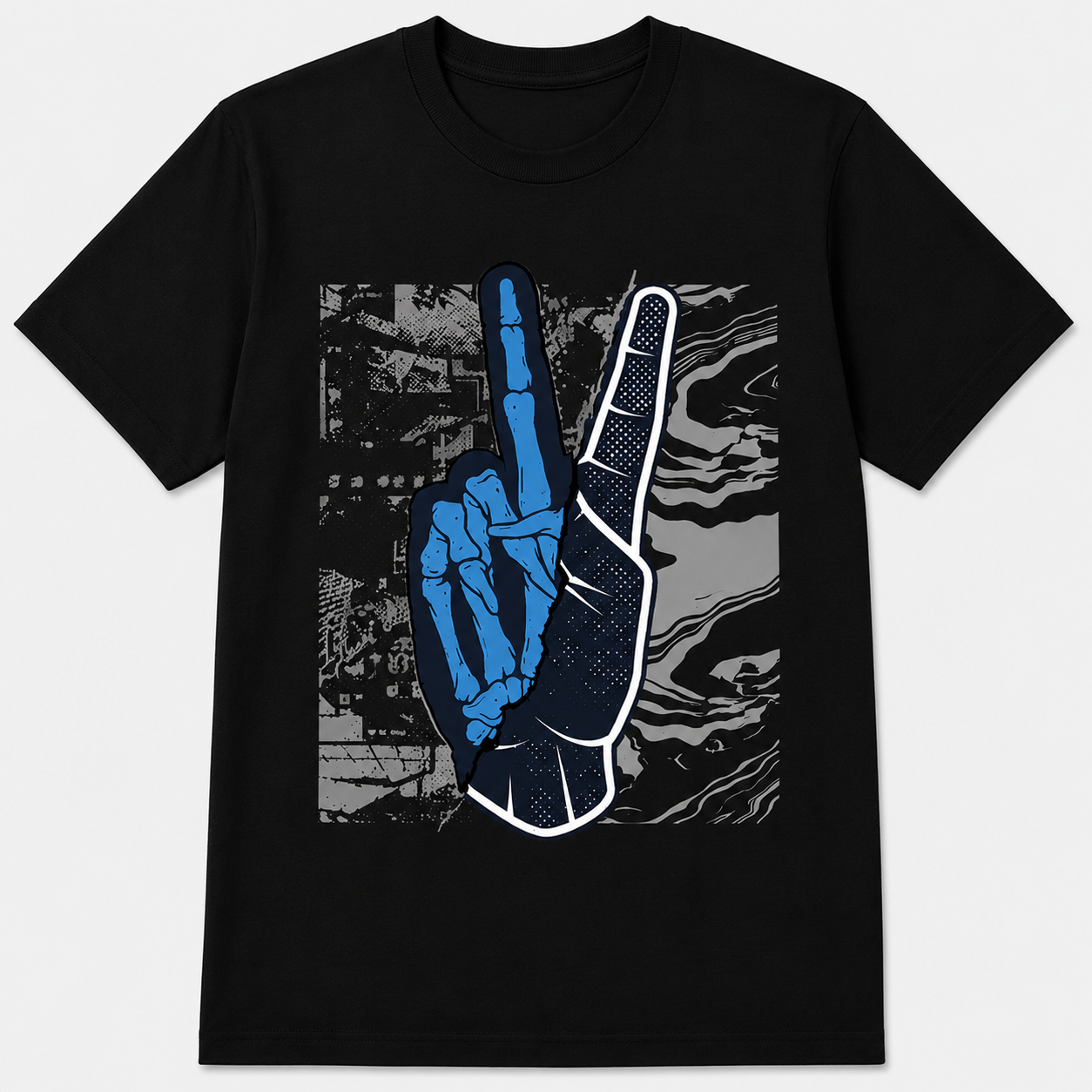 Skeleton Peace Sign Graphic T-Shirt Blue Hand Streetwear Gothic Unisex Tee Skeleton Peace Sign Graphic T-Shirt Blue Hand Streetwear Gothic Unisex Tee
