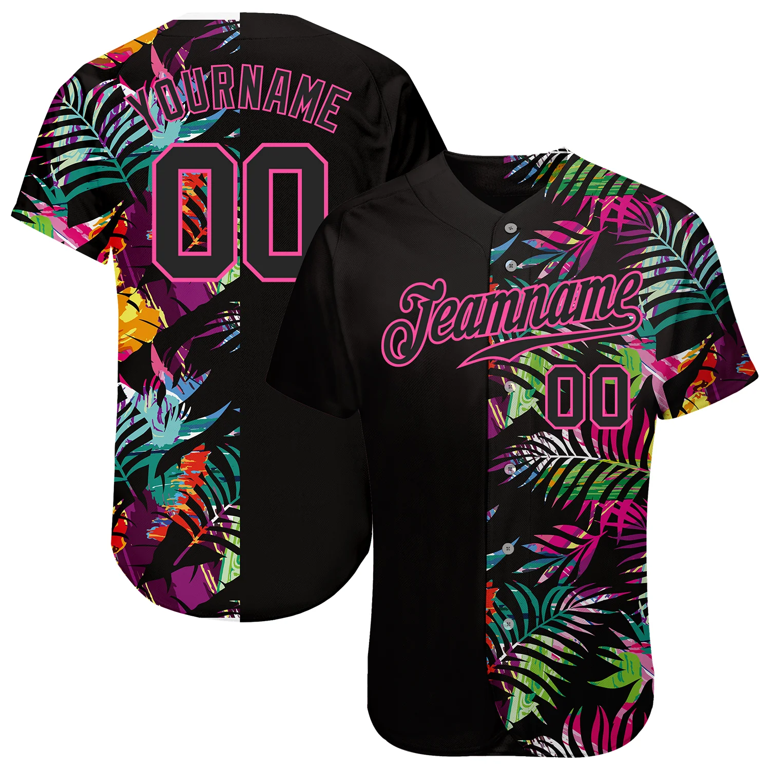 Custom Black Black-Pink 3D Pattern Design Tropical Palm Leaves Baseball Jersey Custom Black Black-Pink 3D Pattern Design Tropical Palm Leaves Baseball Jersey