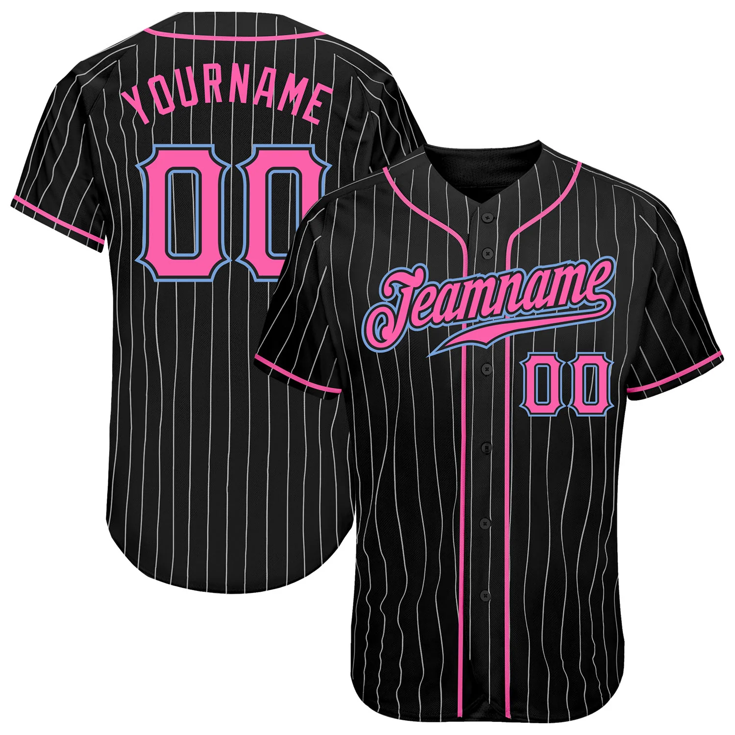 Custom Black White Pinstripe Pink-Light Blue Baseball Jersey Custom Black White Pinstripe Pink-Light Blue Baseball Jersey