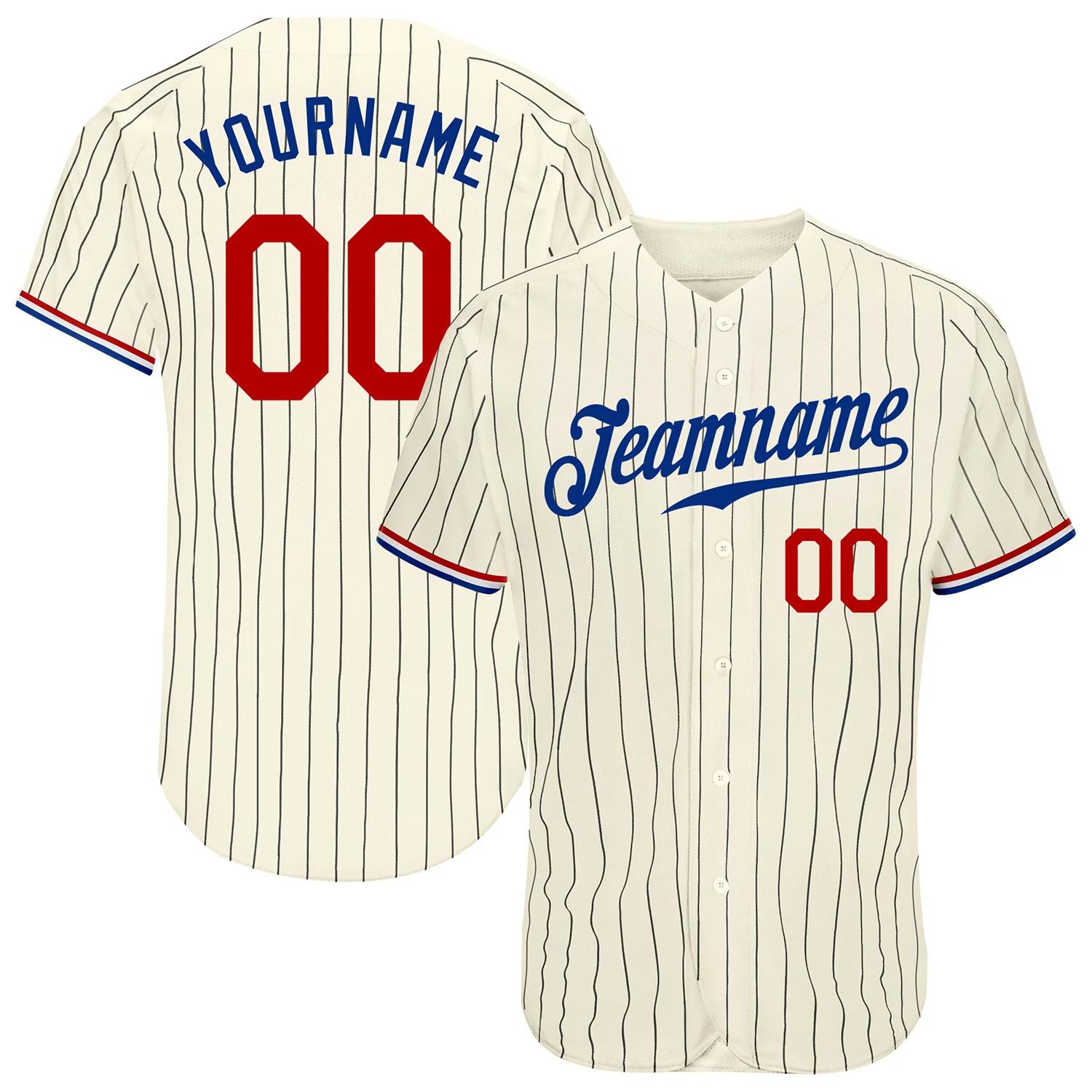 Custom Cream Black Pinstripe Red-Royal Baseball Jersey Custom Cream Black Pinstripe Red-Royal Baseball Jersey