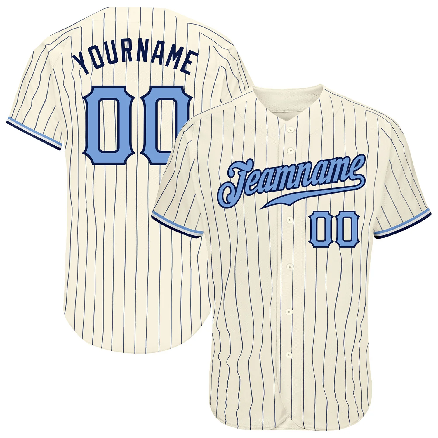 Custom Cream Navy Pinstripe Light Blue-Navy Baseball Jersey Custom Cream Navy Pinstripe Light Blue-Navy Baseball Jersey