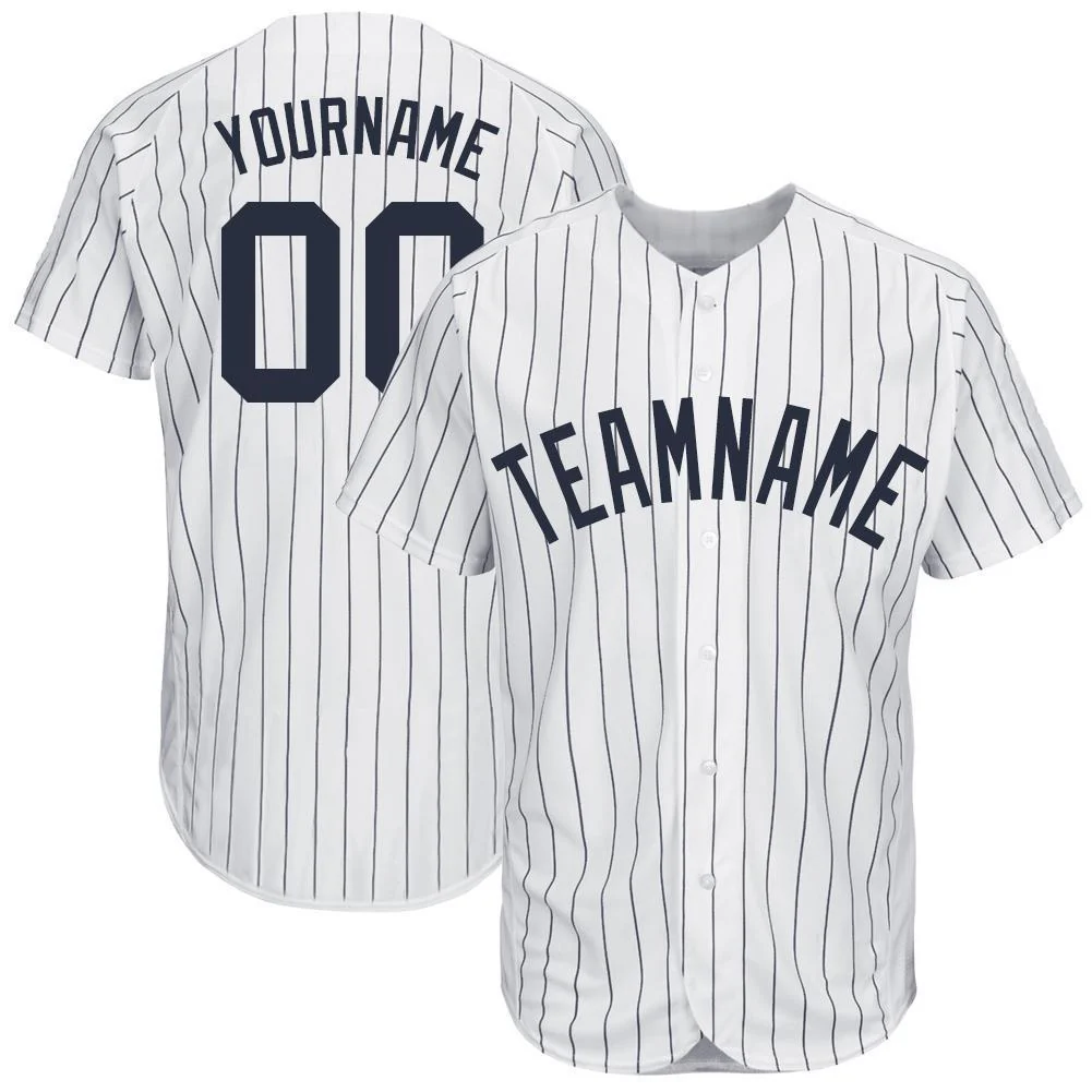 Custom White Navy Pinstripe Navy Baseball Jersey Custom White Navy Pinstripe Navy Baseball Jersey