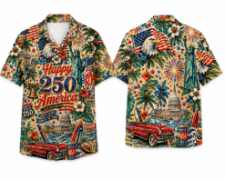 Happy 250 America Hawaiian Shirt | Patriotic USA Tropical Button Up | America 250 Vacation Shirt
