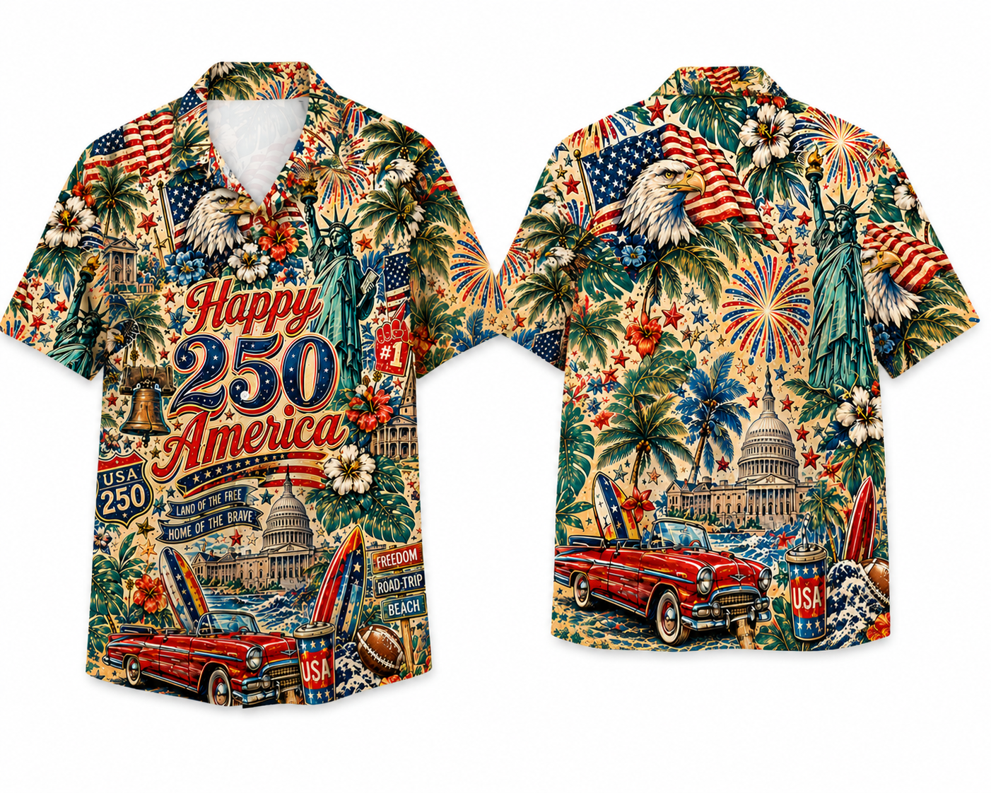 Happy 250 America Hawaiian Shirt | Patriotic USA Tropical Button Up | America 250 Vacation Shirt Happy 250 America Hawaiian Shirt | Patriotic USA Tropical Button Up | America 250 Vacation Shirt