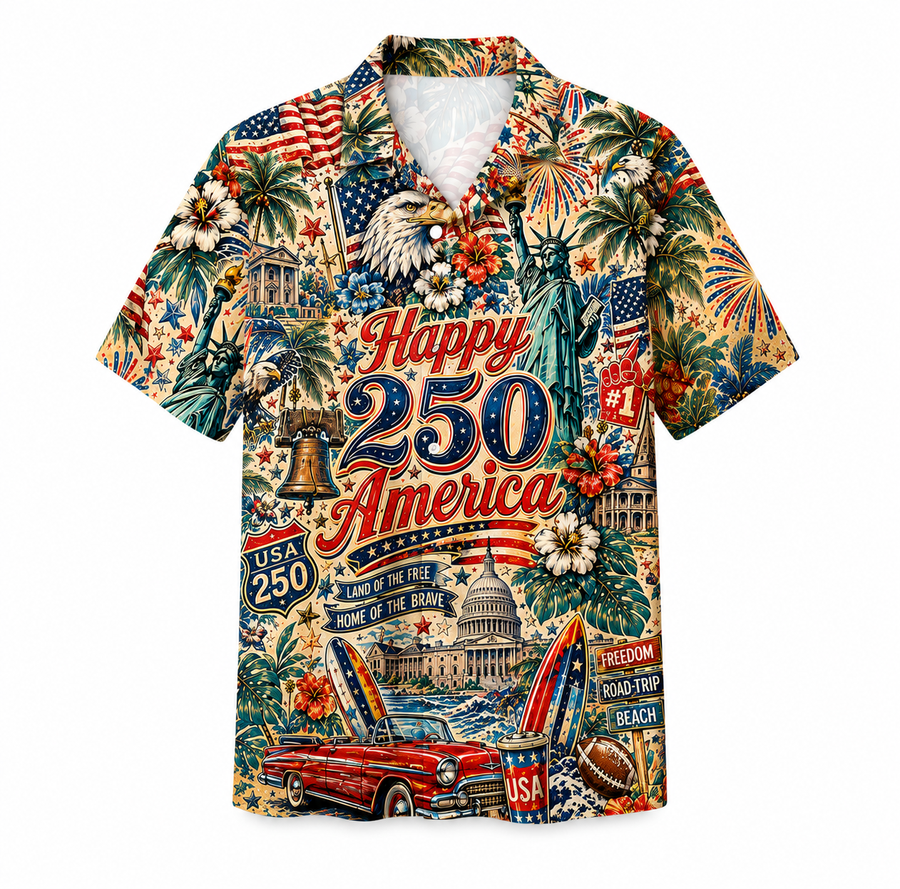 Happy 250 America Hawaiian Shirt | Patriotic USA Tropical Button Up | America 250 Vacation Shirt Happy 250 America Hawaiian Shirt | Patriotic USA Tropical Button Up | America 250 Vacation Shirt - Image 2