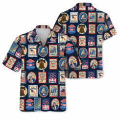 America 250 Hawaiian Shirt | Vintage Stamp Print Button Up Shirt | USA 250th Anniversary Aloha Shirt